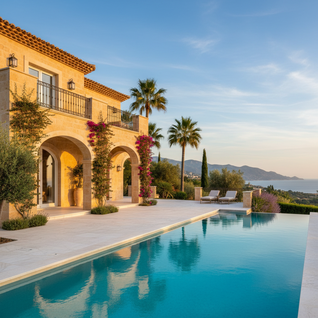 Luxurious Mediterranean villa with honey-colored limestone architecture, terracotta roof, sun-drenched terrace overlooking infinity pool, palm trees, and bougainvillea flowers in natural daylight
