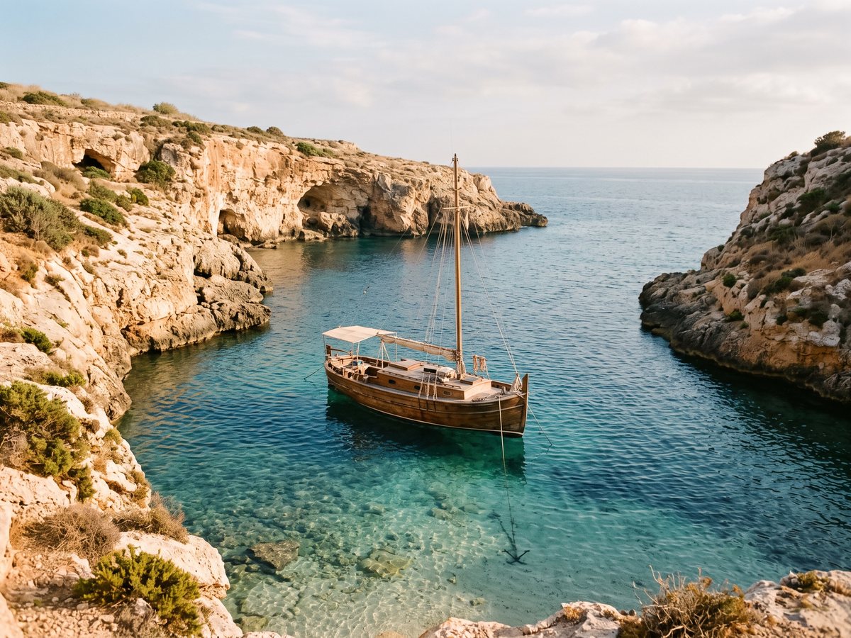 Wooden charter boat at anchor in a limestone cove on the Malta coast