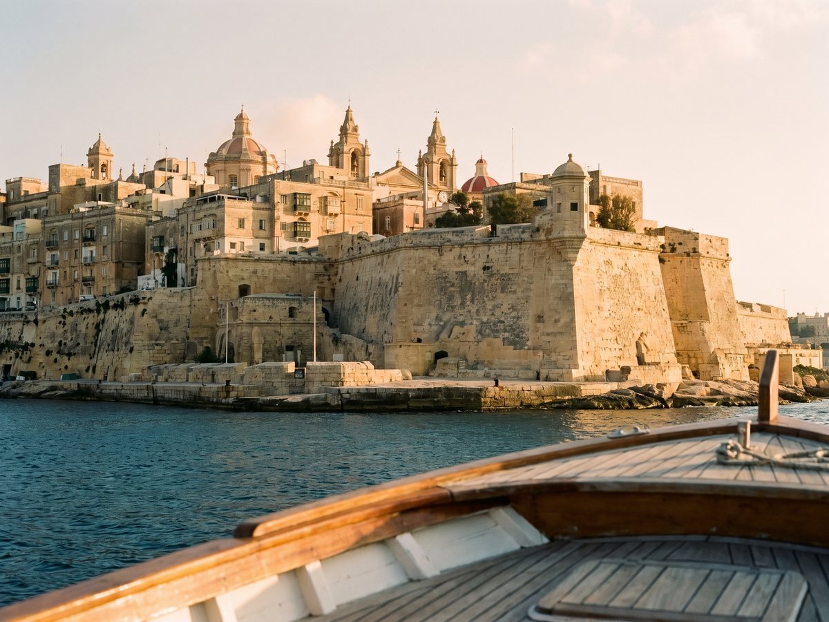 Valletta bastions and church domes at golden hour, seen over the bow of a wooden boat