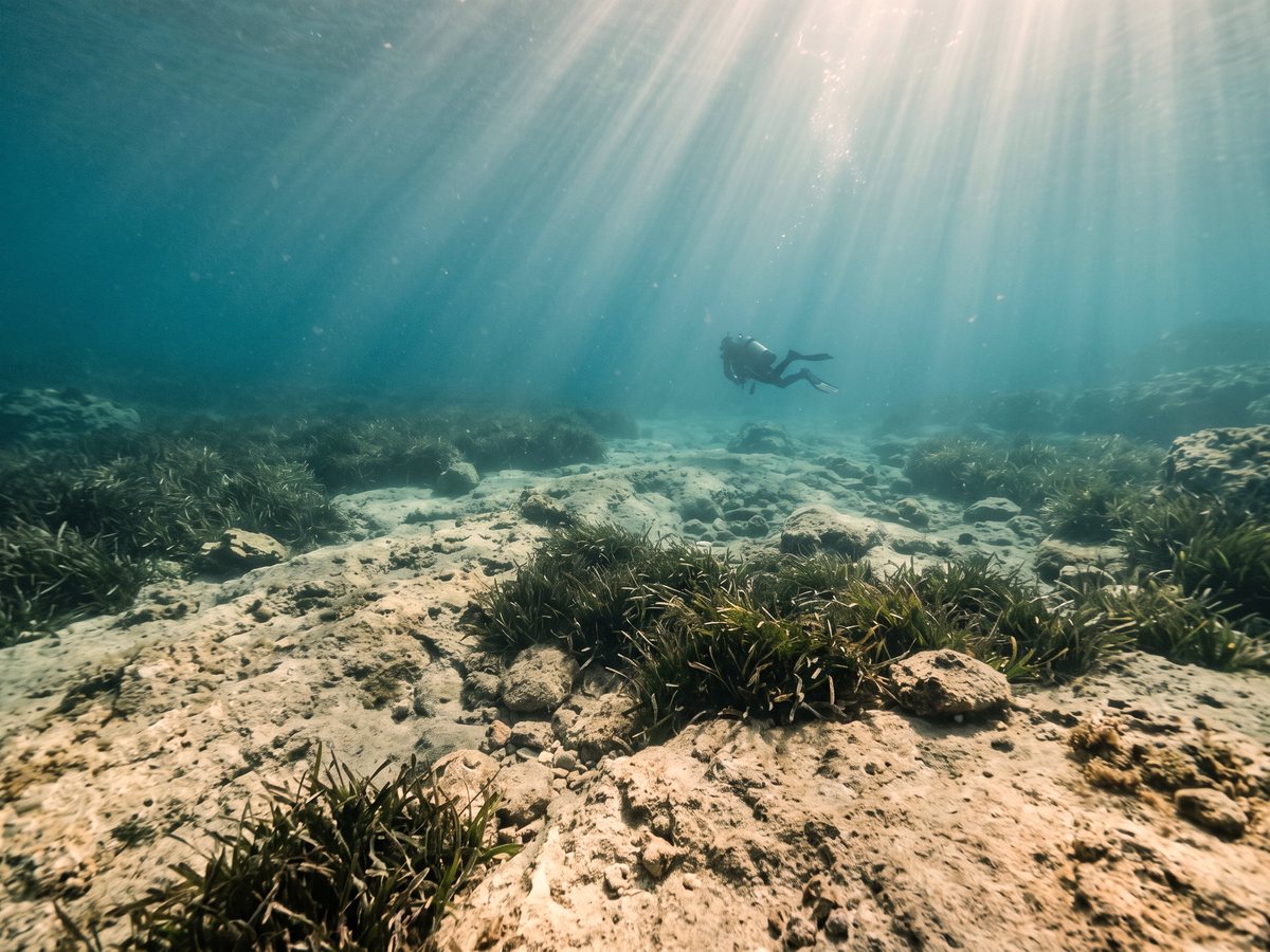 Diver over seagrass in shallow turquoise water, sunlight breaking through the surface