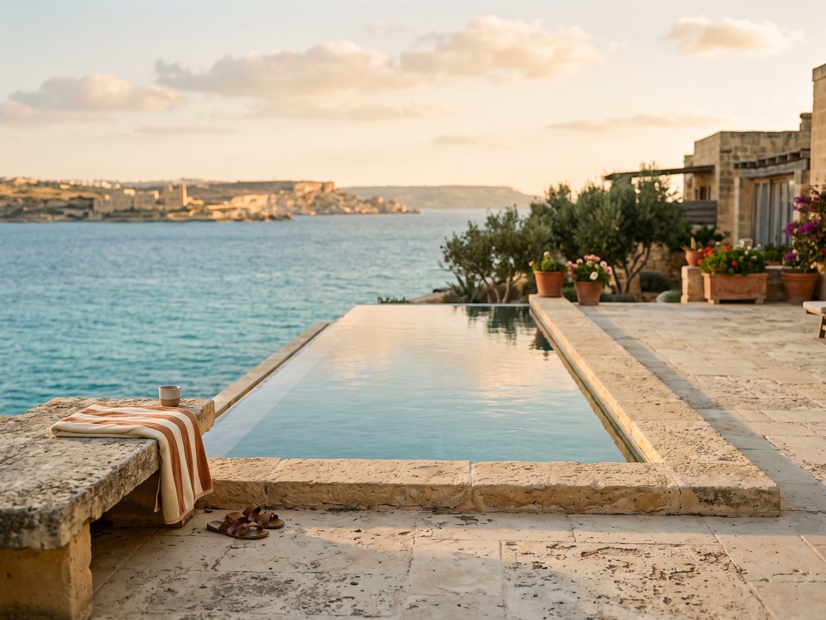 Infinity pool meeting the sea at golden hour at a Malta villa